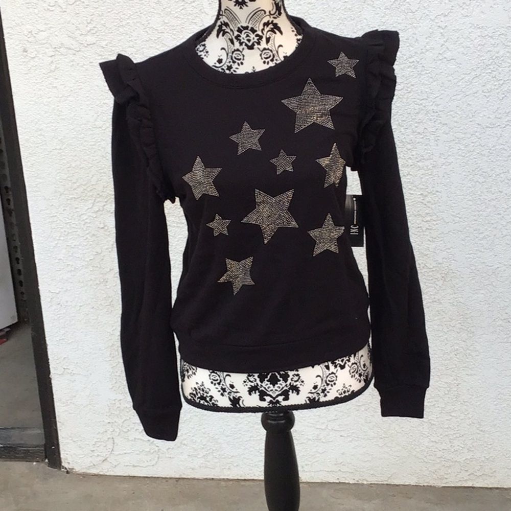 INC Women's Sweatshirt Black Size S Pullover Ruffled Star Studded $69